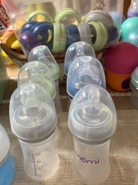 Momi Baby Bottles with Blue and Green Accents - Soft Silicone Nipples.+ collars